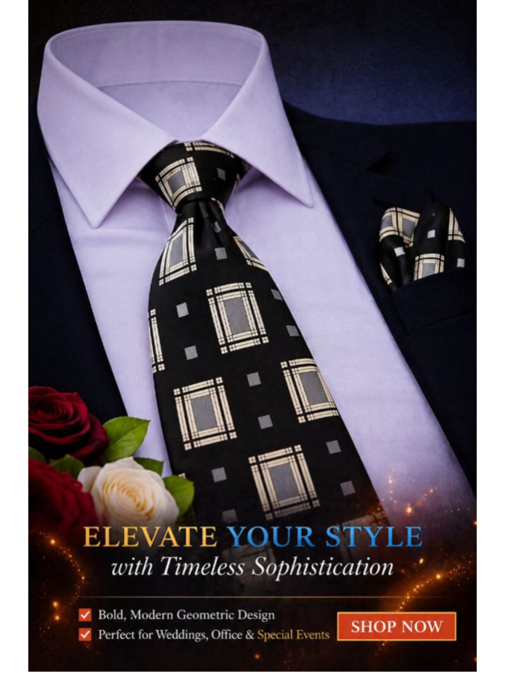 Zianetti Black Gray Cream Geometric Square Pattern Classic Designer Men's Tie